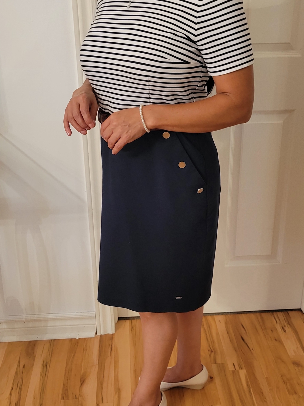 Navy Pencil Skirt with Button Detail - Women's Classic Work Skirt